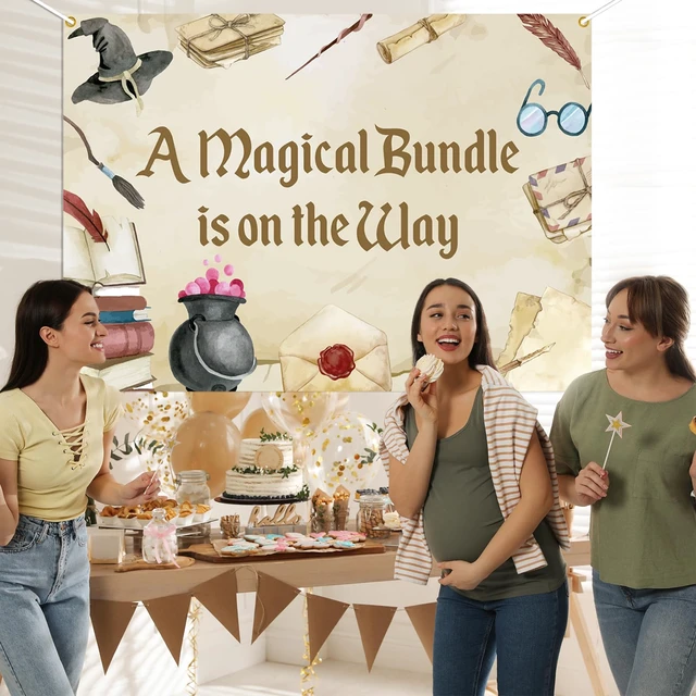 Alt view image 5 of 6 - A Magical Bundle is on the Way Backdrop - Magical Theme Baby Shower Decor, Magical Wizard Baby Shower Decorations 7x5ft
