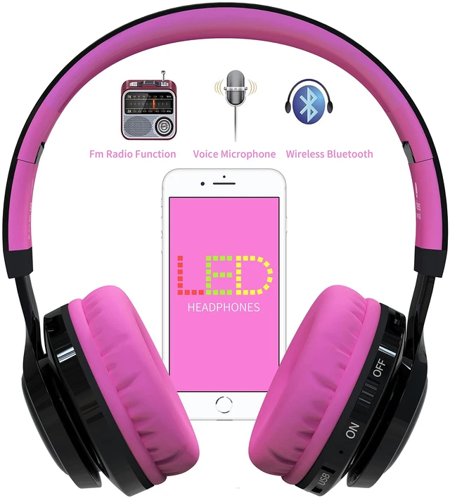 Alt view image 2 of 6 - Bluetooth Headphones for Kids, AB005 Wireless Kids Headphones V5.3 with Microphone Foldable Headset with LED Light and TF Card FM Radio Compatible for Tablet PC TV (Black&Pink)