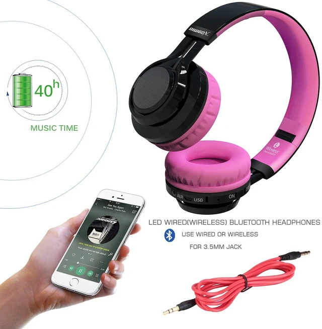 Alt view image 4 of 6 - Bluetooth Headphones for Kids, AB005 Wireless Kids Headphones V5.3 with Microphone Foldable Headset with LED Light and TF Card FM Radio Compatible for Tablet PC TV (Black&Pink)