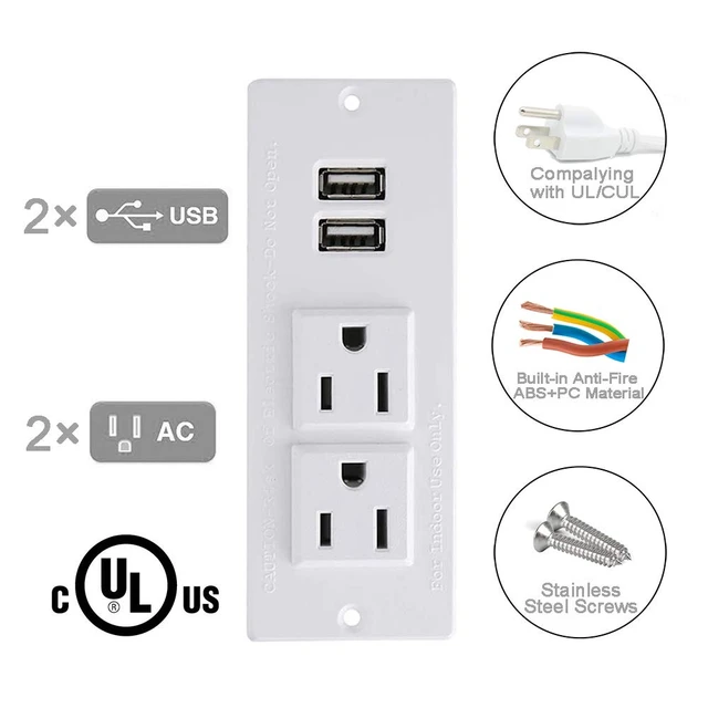 Alt view image 2 of 6 - Recessed Power Strip with USB Mountable Power Strip with USB 2 Power Outlets 2 USB Hub Built in Desk Table Coneference Sofa Cabinet Drawer