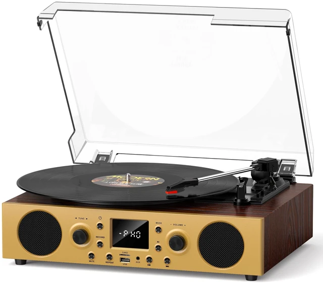 Main image of Dark Gray Wood Bluetooth Record Player, 3-Speed Turntable Vintage wood design with Bluetooth, 3-speed playback, USB recording, FM radio, stereo speakers and RCA output