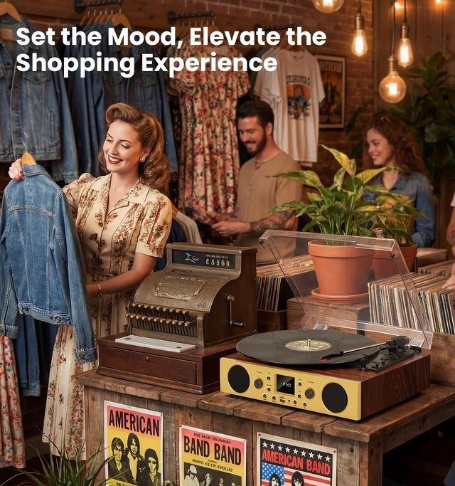 Alt view image 2 of 7 - Dark Gray Wood Bluetooth Record Player, 3-Speed Turntable Vintage wood design with Bluetooth, 3-speed playback, USB recording, FM radio, stereo speakers and RCA output