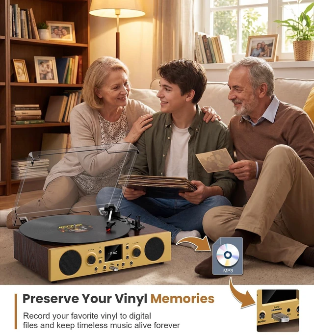 Alt view image 4 of 7 - Dark Gray Wood Bluetooth Record Player, 3-Speed Turntable Vintage wood design with Bluetooth, 3-speed playback, USB recording, FM radio, stereo speakers and RCA output