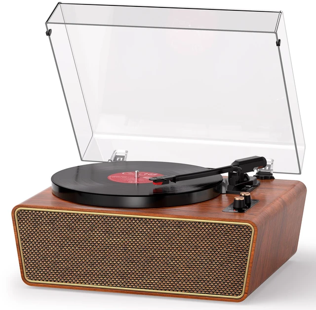 Main image of Walnut Wood Bluetooth Record Player, 3-Speed Turntable Classic walnut finish with Bluetooth, 3-speed playback, 4 speakers, ruby stylus, PC recording, AUX and RCA output