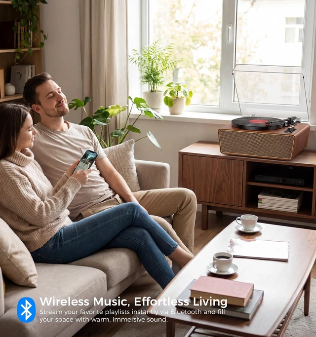 Alt view image 3 of 7 - Walnut Wood Bluetooth Record Player, 3-Speed Turntable Classic walnut finish with Bluetooth, 3-speed playback, 4 speakers, ruby stylus, PC recording, AUX and RCA output