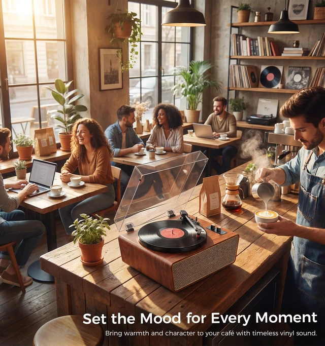 Alt view image 4 of 7 - Walnut Wood Bluetooth Record Player, 3-Speed Turntable Classic walnut finish with Bluetooth, 3-speed playback, 4 speakers, ruby stylus, PC recording, AUX and RCA output