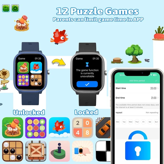 Alt view image 7 of 7 - Smart Watch for Kids Girls Boys No APP/Phone Needed, 1.8" IP68 Waterproof Sport Kids Watch Pedometer, Heart Rate, Sleep Monitor, Step Counter, 12 Puzzle Games for Girls Boys Teens 6-16