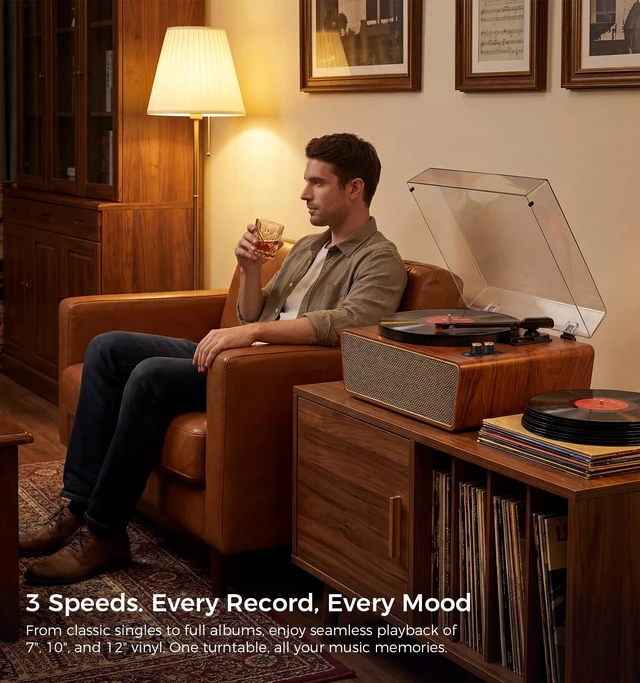 Alt view image 7 of 7 - Walnut Wood Bluetooth Record Player, 3-Speed Turntable Classic walnut finish with Bluetooth, 3-speed playback, 4 speakers, ruby stylus, PC recording, AUX and RCA output