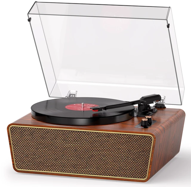 Main image of Vintage Walnut Bluetooth Record Player, 3-Speed Turntable Vintage walnut finish with Bluetooth, 3-speed playback, 4 speakers, PC recording, RCA output, headphone jack and auto stop