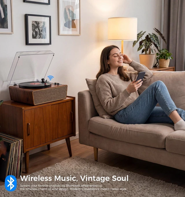 Alt view image 5 of 7 - Vintage Walnut Bluetooth Record Player, 3-Speed Turntable Vintage walnut finish with Bluetooth, 3-speed playback, 4 speakers, PC recording, RCA output, headphone jack and auto stop