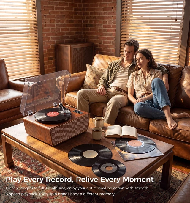 Alt view image 3 of 7 - Vintage Walnut Bluetooth Record Player, 3-Speed Turntable Vintage walnut finish with Bluetooth, 3-speed playback, 4 speakers, PC recording, RCA output, headphone jack and auto stop