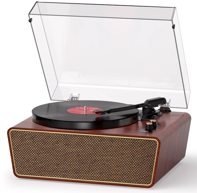 Main image of Red Burl Wood Bluetooth Record Player, 3-Speed Turntable Premium burl wood finish with Bluetooth, 3-speed playback, 4 stereo speakers, PC recording and auto stop