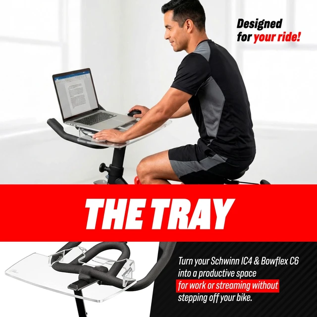 Alt view image 2 of 7 - The Tray for Schwinn IC4 & Bowflex C6 Bikes, Made in USA Premium acrylic desk tray holds laptop, tablet, phone and books; compatible with both bike models
