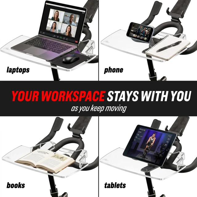 Alt view image 3 of 7 - The Tray for Schwinn IC4 & Bowflex C6 Bikes, Made in USA Premium acrylic desk tray holds laptop, tablet, phone and books; compatible with both bike models