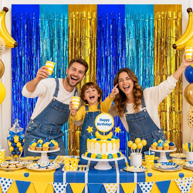 Alt view image 2 of 6 - Cartoon Blue Gold Foil Fringe Curtains Backdrop Party Decorations, 4 Pack 3.2x6.6ft Navy Blue Yellow Tinsel Streamers Backdrop Banner for Ramadan, Graduation, Retirement, Cartoon Party Decorations