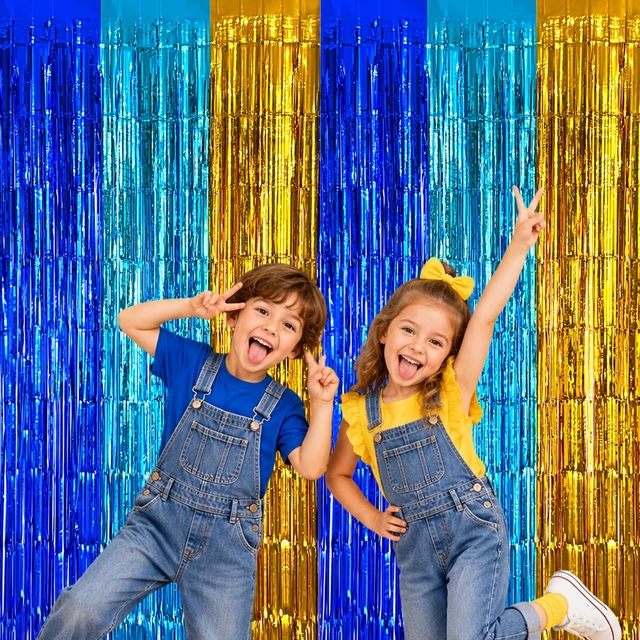 Alt view image 4 of 6 - Cartoon Blue Gold Foil Fringe Curtains Backdrop Party Decorations, 4 Pack 3.2x6.6ft Navy Blue Yellow Tinsel Streamers Backdrop Banner for Ramadan, Graduation, Retirement, Cartoon Party Decorations