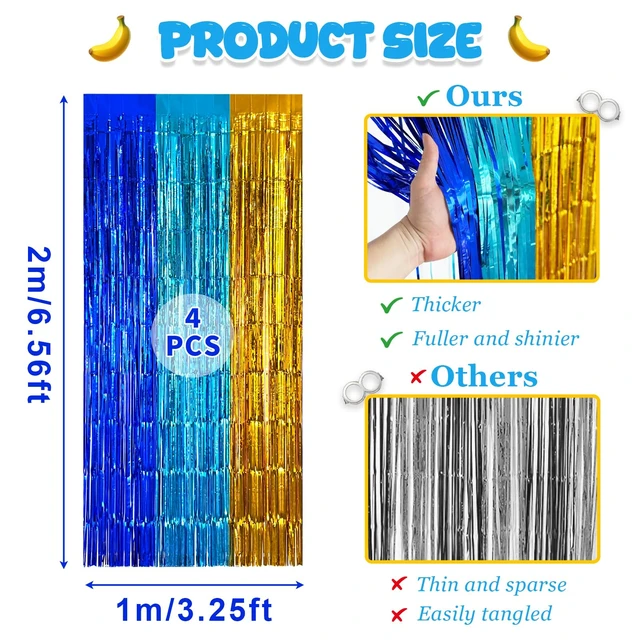 Alt view image 3 of 6 - Cartoon Blue Gold Foil Fringe Curtains Backdrop Party Decorations, 4 Pack 3.2x6.6ft Navy Blue Yellow Tinsel Streamers Backdrop Banner for Ramadan, Graduation, Retirement, Cartoon Party Decorations