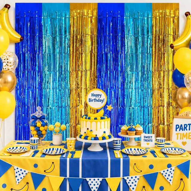 Alt view image 5 of 6 - Cartoon Blue Gold Foil Fringe Curtains Backdrop Party Decorations, 4 Pack 3.2x6.6ft Navy Blue Yellow Tinsel Streamers Backdrop Banner for Ramadan, Graduation, Retirement, Cartoon Party Decorations