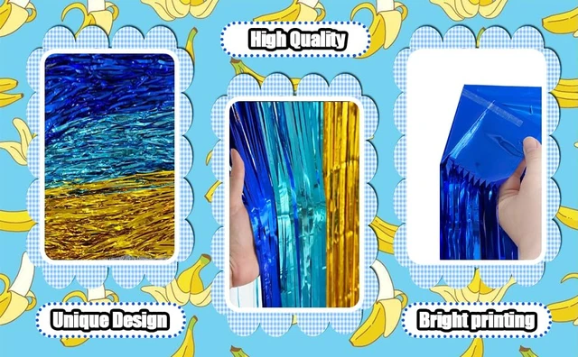 Alt view image 6 of 6 - Cartoon Blue Gold Foil Fringe Curtains Backdrop Party Decorations, 4 Pack 3.2x6.6ft Navy Blue Yellow Tinsel Streamers Backdrop Banner for Ramadan, Graduation, Retirement, Cartoon Party Decorations