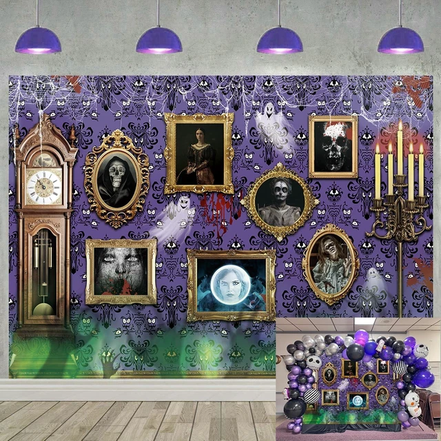 Main image of Halloween Haunted House Frame Backdrop 8x6FT Purple Spooky Ghost Ghost Spider Background Halloween Magic Wall Decorations Supplies Photo Props