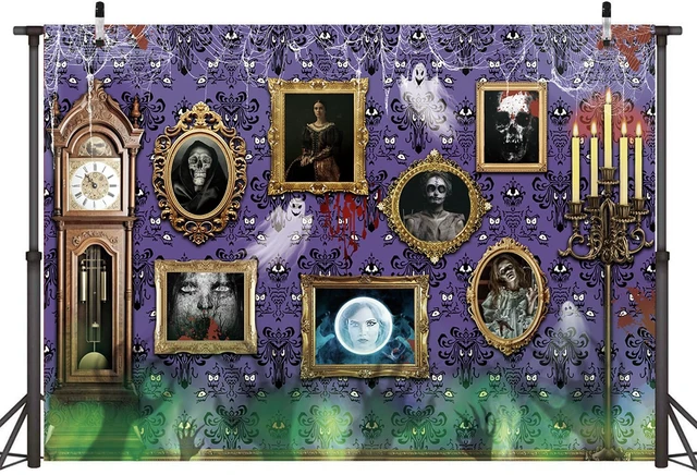 Alt view image 2 of 7 - Halloween Haunted House Frame Backdrop 8x6FT Purple Spooky Ghost Ghost Spider Background Halloween Magic Wall Decorations Supplies Photo Props