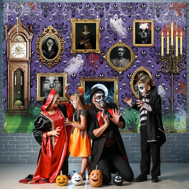 Alt view image 3 of 7 - Halloween Haunted House Frame Backdrop 8x6FT Purple Spooky Ghost Ghost Spider Background Halloween Magic Wall Decorations Supplies Photo Props