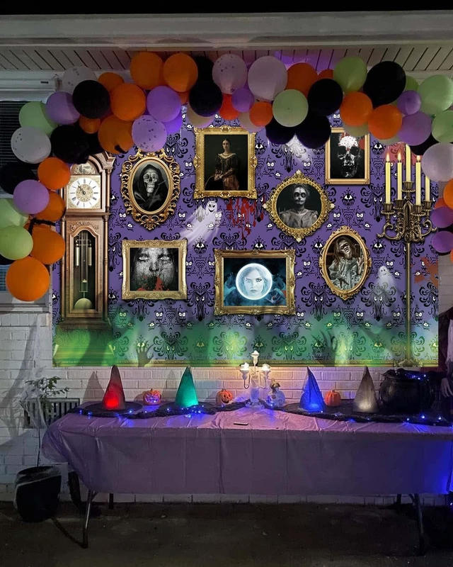 Alt view image 4 of 7 - Halloween Haunted House Frame Backdrop 8x6FT Purple Spooky Ghost Ghost Spider Background Halloween Magic Wall Decorations Supplies Photo Props