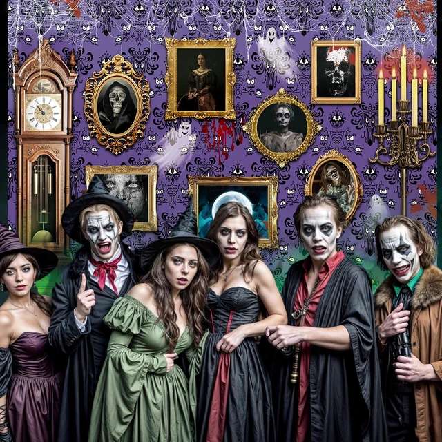 Alt view image 5 of 7 - Halloween Haunted House Frame Backdrop 8x6FT Purple Spooky Ghost Ghost Spider Background Halloween Magic Wall Decorations Supplies Photo Props