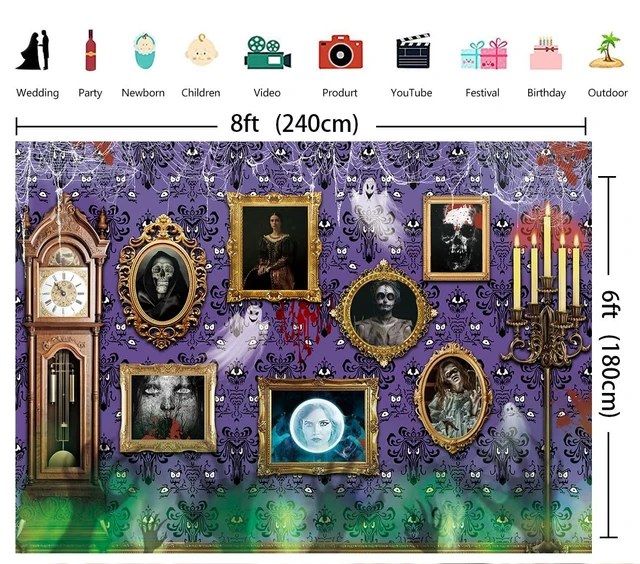 Alt view image 6 of 7 - Halloween Haunted House Frame Backdrop 8x6FT Purple Spooky Ghost Ghost Spider Background Halloween Magic Wall Decorations Supplies Photo Props