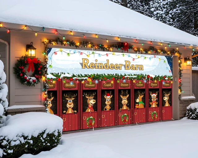 Alt view image 5 of 7 - Christmas Garage Door Banner Decor, 16 x 7 ft, Reindeer Barn