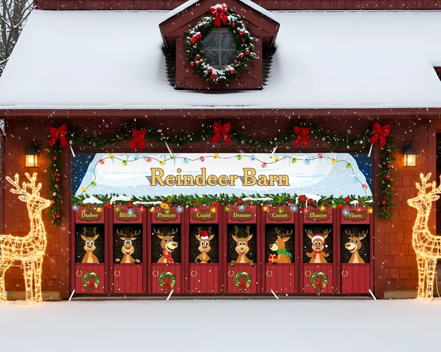Alt view image 6 of 7 - Christmas Garage Door Banner Decor, 16 x 7 ft, Reindeer Barn