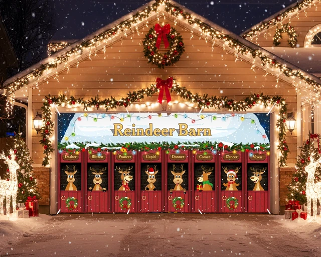 Alt view image 7 of 7 - Christmas Garage Door Banner Decor, 16 x 7 ft, Reindeer Barn