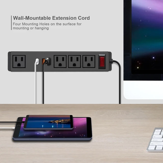 Alt view image 2 of 7 - Multi Plug Outlet with USB C 20W Wall Mounted Power Strip Desk Mountable Extension Cord 4 Outlets 3 USB Ports (2 QC USB-A& 1 PD USB-C) Ports Flat Plug for Home Workshop Dorm Office
