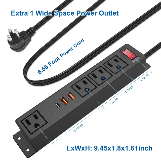 Alt view image 5 of 7 - Multi Plug Outlet with USB C 20W Wall Mounted Power Strip Desk Mountable Extension Cord 4 Outlets 3 USB Ports (2 QC USB-A& 1 PD USB-C) Ports Flat Plug for Home Workshop Dorm Office