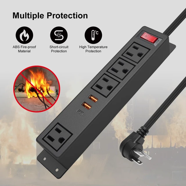 Alt view image 6 of 7 - Multi Plug Outlet with USB C 20W Wall Mounted Power Strip Desk Mountable Extension Cord 4 Outlets 3 USB Ports (2 QC USB-A& 1 PD USB-C) Ports Flat Plug for Home Workshop Dorm Office
