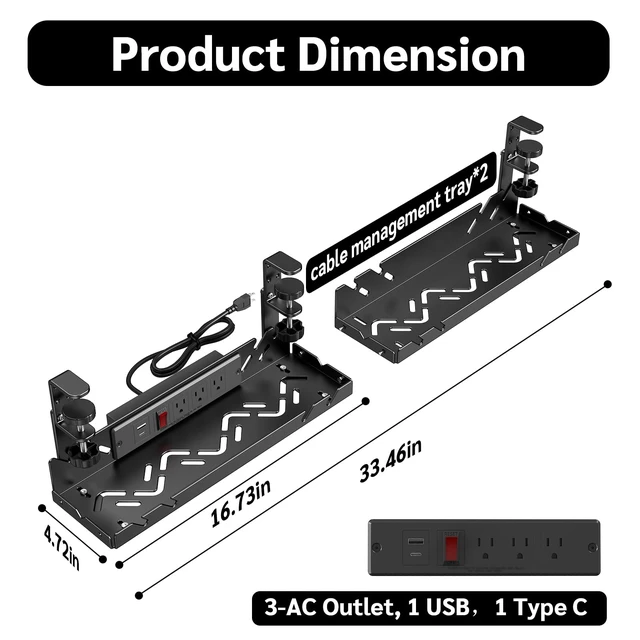 Alt view image 2 of 7 - Under Desk Cable Management Tray with Power Outlet No Drill Clamp-On Cable Tray & Power Strip Holder, Metal Cord Organizer for Standing Desk, Home Office and Gaming Desk, Black