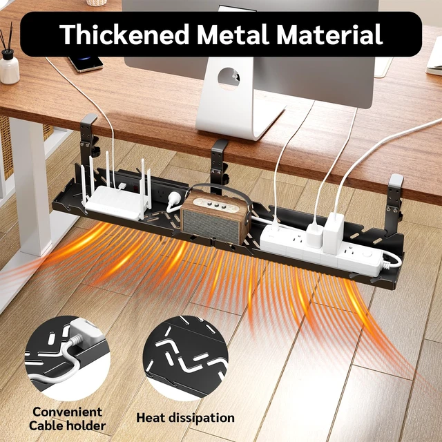 Alt view image 3 of 7 - Under Desk Cable Management Tray with Power Outlet No Drill Clamp-On Cable Tray & Power Strip Holder, Metal Cord Organizer for Standing Desk, Home Office and Gaming Desk, Black