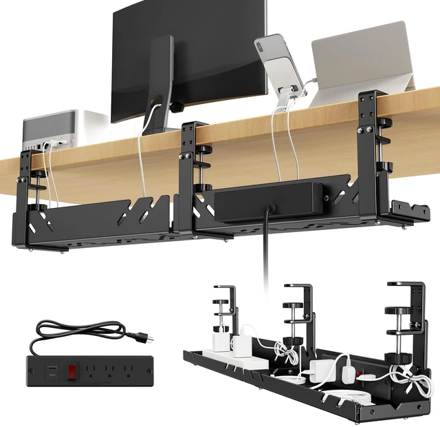 Main image of Under Desk Cable Management Tray with Power Outlet No Drill Clamp-On Cable Tray & Power Strip Holder, Metal Cord Organizer for Standing Desk, Home Office and Gaming Desk, Black