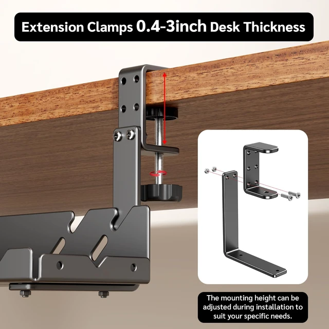 Alt view image 4 of 7 - Under Desk Cable Management Tray with Power Outlet No Drill Clamp-On Cable Tray & Power Strip Holder, Metal Cord Organizer for Standing Desk, Home Office and Gaming Desk, Black