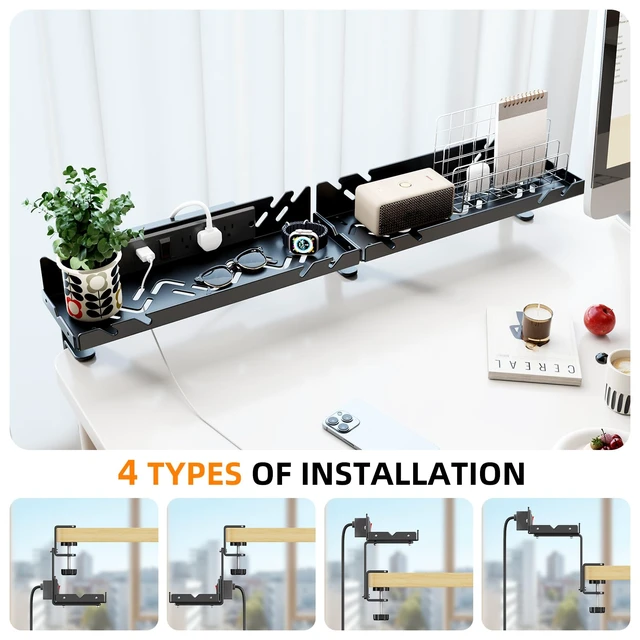 Alt view image 5 of 7 - Under Desk Cable Management Tray with Power Outlet No Drill Clamp-On Cable Tray & Power Strip Holder, Metal Cord Organizer for Standing Desk, Home Office and Gaming Desk, Black