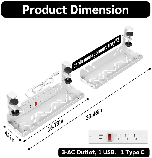 Alt view image 2 of 7 - Under Desk Cable Management Tray with Power Outlet No Drill Clamp-On Cable Tray & Power Strip Holder, Metal Cord Organizer for Standing Desk, Home Office and Gaming Desk, White