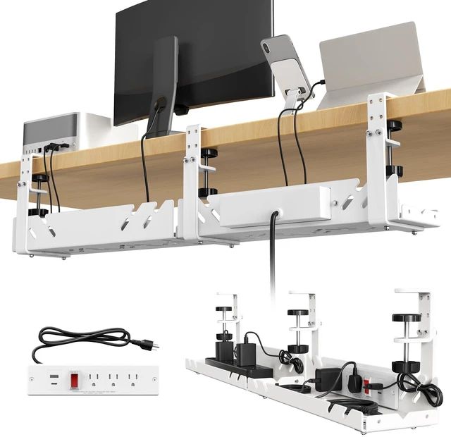 Main image of Under Desk Cable Management Tray with Power Outlet No Drill Clamp-On Cable Tray & Power Strip Holder, Metal Cord Organizer for Standing Desk, Home Office and Gaming Desk, White