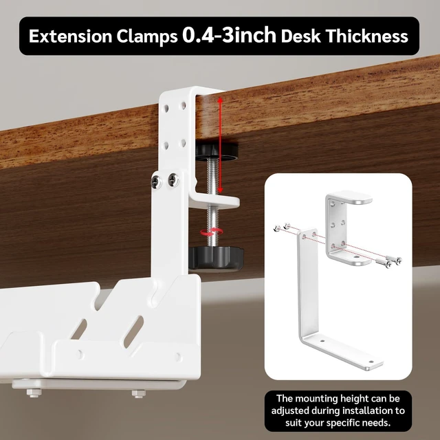 Alt view image 4 of 7 - Under Desk Cable Management Tray with Power Outlet No Drill Clamp-On Cable Tray & Power Strip Holder, Metal Cord Organizer for Standing Desk, Home Office and Gaming Desk, White