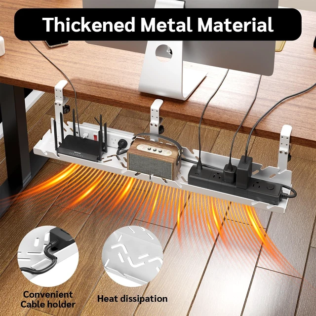 Alt view image 3 of 7 - Under Desk Cable Management Tray with Power Outlet No Drill Clamp-On Cable Tray & Power Strip Holder, Metal Cord Organizer for Standing Desk, Home Office and Gaming Desk, White