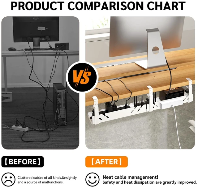 Alt view image 6 of 7 - Under Desk Cable Management Tray with Power Outlet No Drill Clamp-On Cable Tray & Power Strip Holder, Metal Cord Organizer for Standing Desk, Home Office and Gaming Desk, White