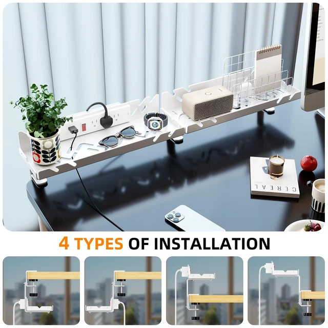 Alt view image 5 of 7 - Under Desk Cable Management Tray with Power Outlet No Drill Clamp-On Cable Tray & Power Strip Holder, Metal Cord Organizer for Standing Desk, Home Office and Gaming Desk, White