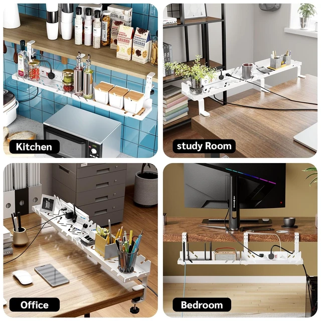 Alt view image 7 of 7 - Under Desk Cable Management Tray with Power Outlet No Drill Clamp-On Cable Tray & Power Strip Holder, Metal Cord Organizer for Standing Desk, Home Office and Gaming Desk, White