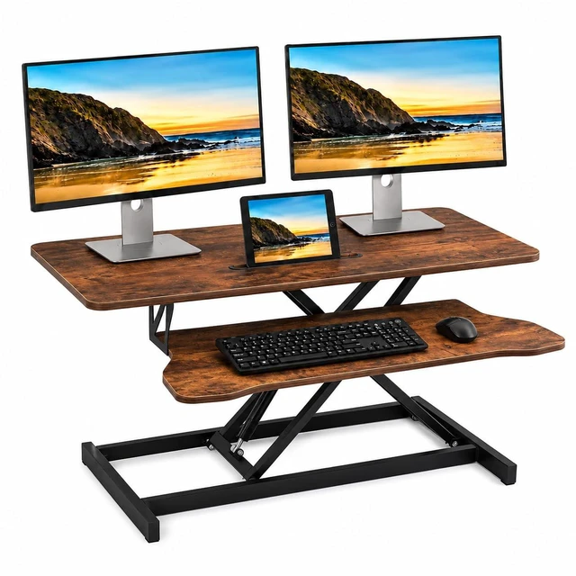 Main image of Standing Desk Converter 37 Inch Height Adjustable Desk Riser with GasSpring Lift, Duals Screen Converter and Laptop Workstation, Sit Stand Ergonomic Riser with Wide Keyboard Tray for Offices (Brown)