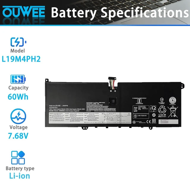 Alt view image 2 of 5 - L19M4PH2 5B10Z33896 L19C4PH2 5B10Z33895 Battery Replacement for Lenovo Yoga 9-14ITL5 Type 82BG Series for Lenovo Yoga pro 14c Series 7.68V 60Wh 7630mAh