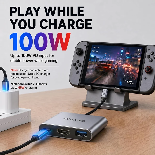 Alt view image 4 of 7 - Switch 2 Dock, Portable USB-C Docking Station with 4K 60Hz120Hz HDR, 100W PD Fast Charging, USB Port, Aluminum Alloy, Compatible with Switch, Steam Deck, ROG Xbox Ally X, Legion Go 1/2/S